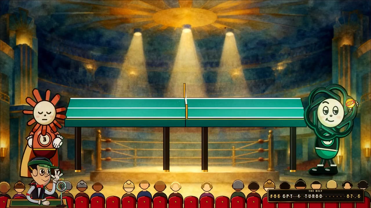 Cartoon mascots of two AI labs at a ping-pong table under spotlights