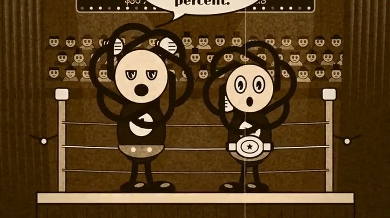 Two rubber-hose cartoon wrestlers in a sepia ring